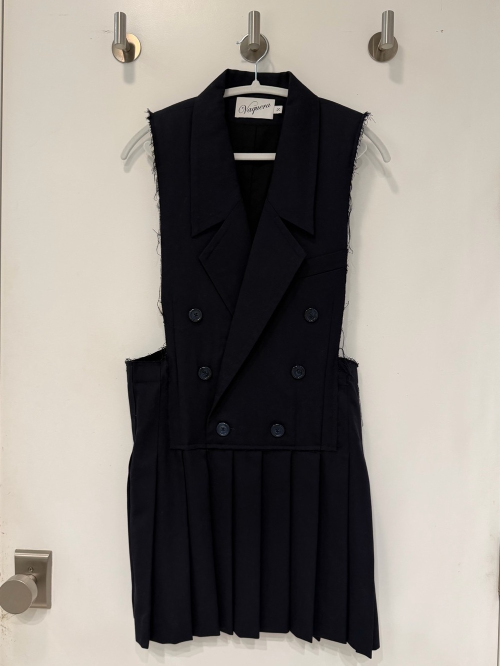 Vaquera navy blue raw edge sleeveless blazer dress with pleated skirt